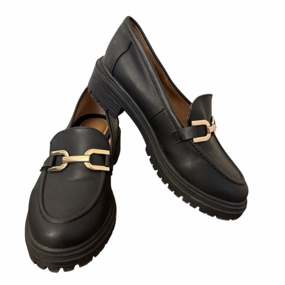 Rachel Zoe Black Leather Chunky Loafers with Gold Hardware